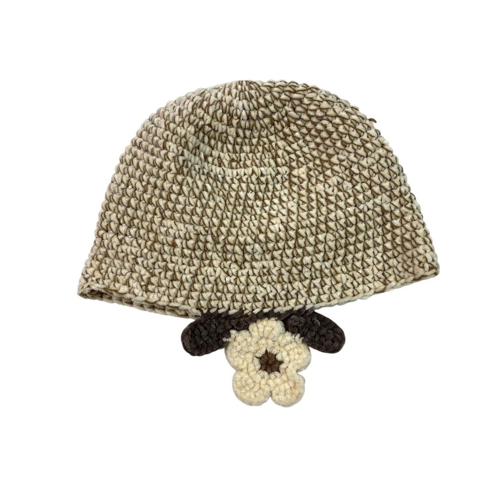 Scala‎ Collection Women's Cream Brown Soft Knit Floral Accent Beanie Hat *
